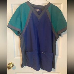 Women's Short Sleeve V-Neck Scrub Top - Teal and Navy